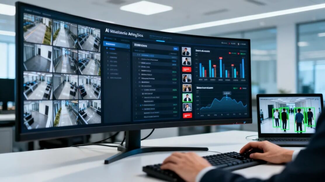 AI video analytics dashboard showing real-time monitoring, detection events, and security insights across multiple camera feeds