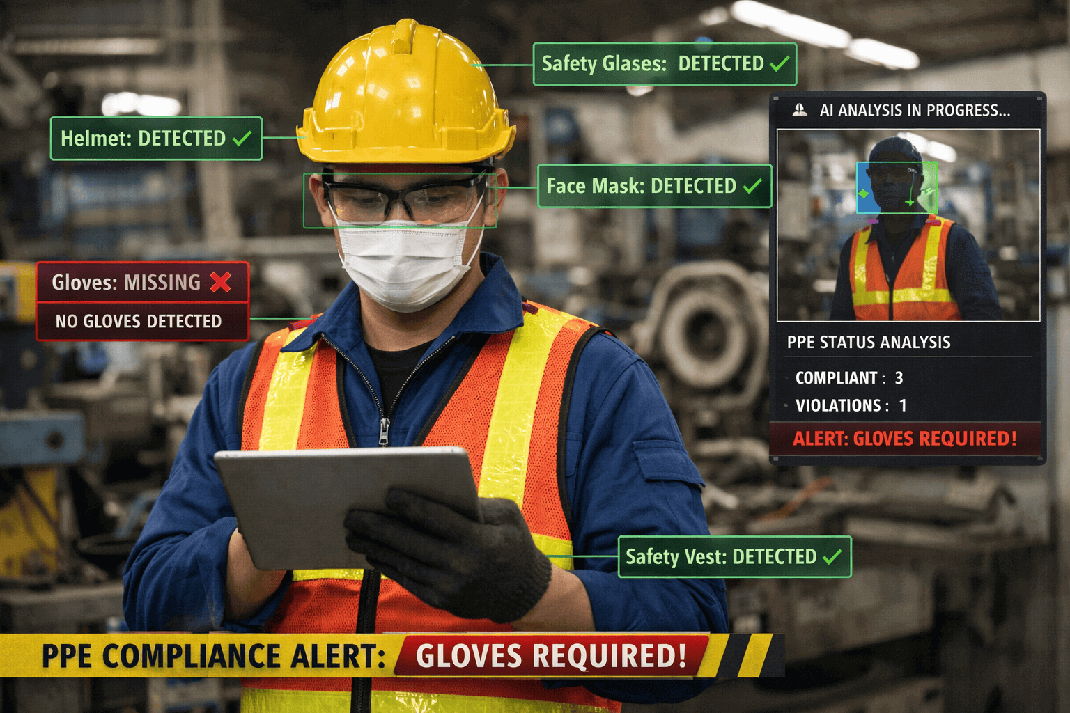 AI-powered PPE detection system identifying safety helmet, vest, and goggles on factory workers with real-time bounding boxes and compliance status