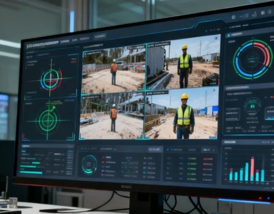 AI PPE monitoring analytics dashboard showing violation trends and compliance rates