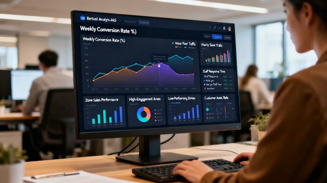 Retail analytics dashboard showing weekly conversion rate trends, hourly traffic comparison, zone performance metrics, and staff efficiency indicators