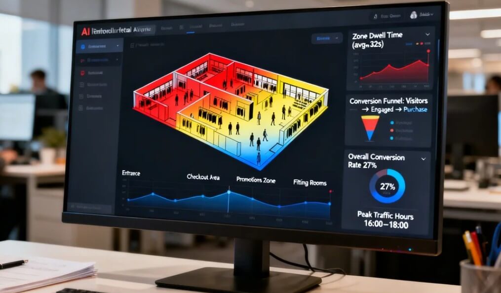 Store floor plan with color-coded heatmap showing high-traffic areas in red and orange, low-traffic dead zones in blue, and customer movement flow lines